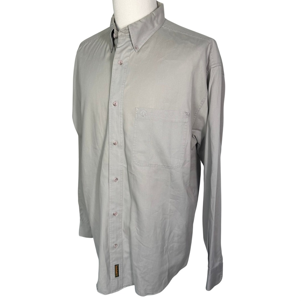 TIMBERLAND Men's Large Tan Khaki Cotton Twill Long Sleeve Button Down Shirt Logo
